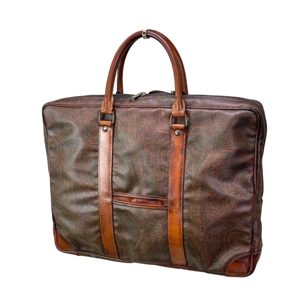Etro Milano Vintage Paisley Coated Canvas Leather Briefcase Made‎ in Italy Brown